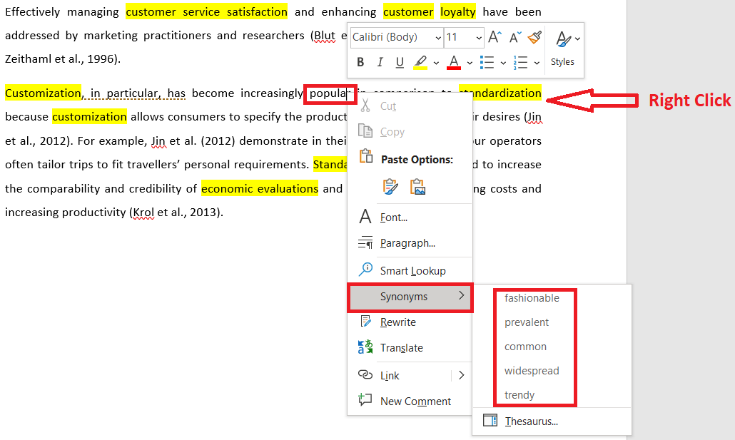 Sample Report Snippet with MS Word Synonyms Suggestion