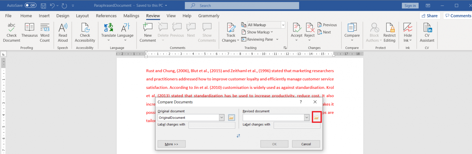 Microsoft Word Review Tab Selecting of Document to Compare